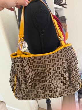 Fendi Brown Monogram Shoulder Bag with Yellow Trim and Gold Charm